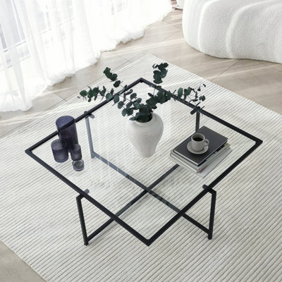 Modern Coffee Table with 100% Tempered Glass Top, Black, 33.5 x 13.8 x 33.5 inches | Sturdy Metal Legs with Electrostatic Oven Dried Painting | Tarnish Resistant, Industrial Design | Perfect for Living Room & Contemporary Spaces
