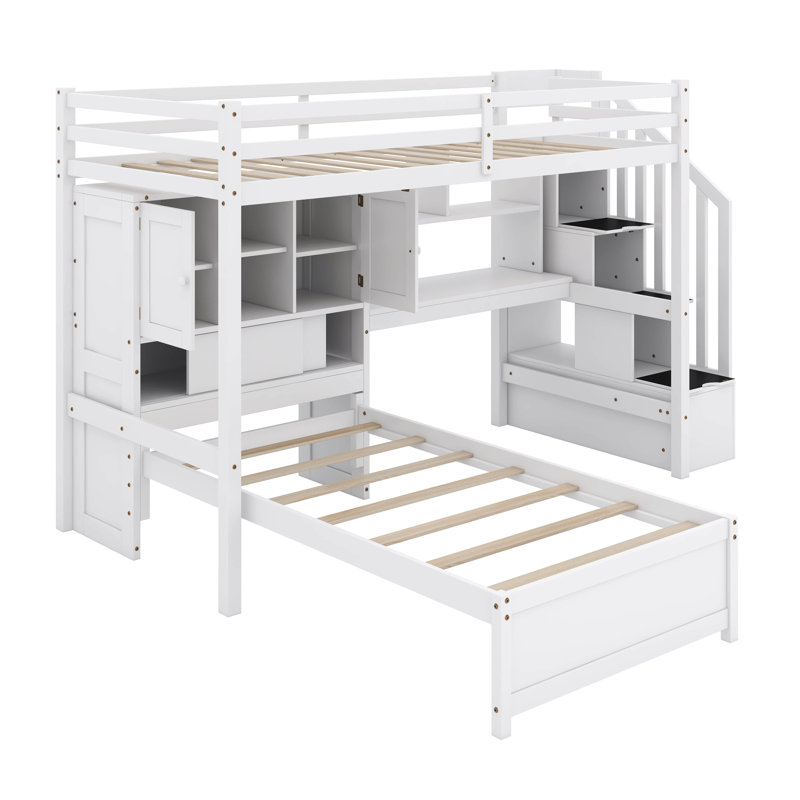  Lit mezzanine simple au-dessus de simple Karanfila avec bureau intégré et escalier, avec compartiments de rangement et tablettes