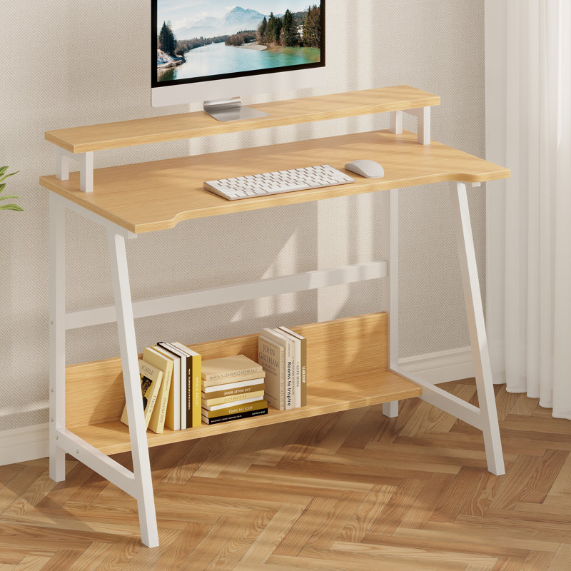 31.5" Computer Desk for Small Spaces, Modern Home Office Desk with Storage Shelf and Monitor Stand, Rustic Brown/Black