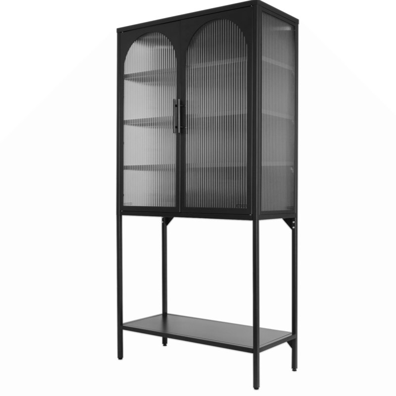Elegant Floor Cabinet With 2 Glass Arched Doors Living Room Display Cabinet With Adjustable Shelves, Black
