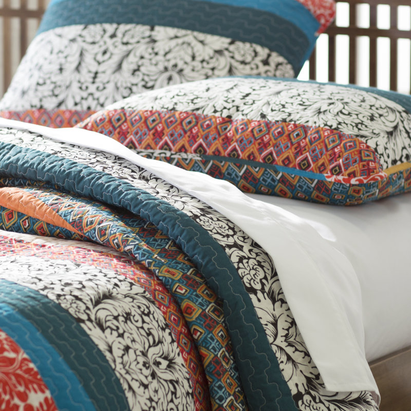 Boho Stripe Turquoise Tangerine Reversible Cotton Full Quilt Set
