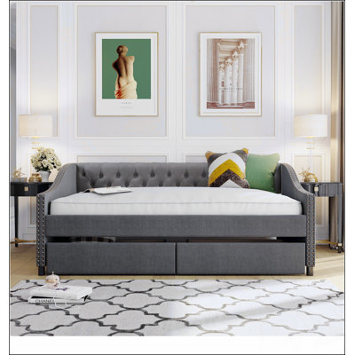 Upholstered Daybed With Two Drawers, Wood Slat Support