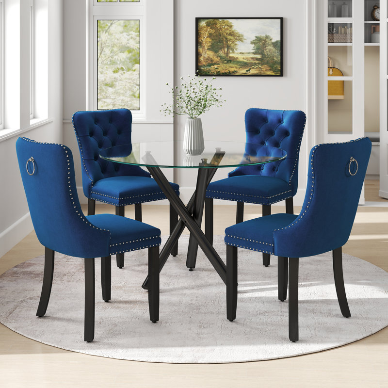 Round Glass Table Dining Set, Blue, 5