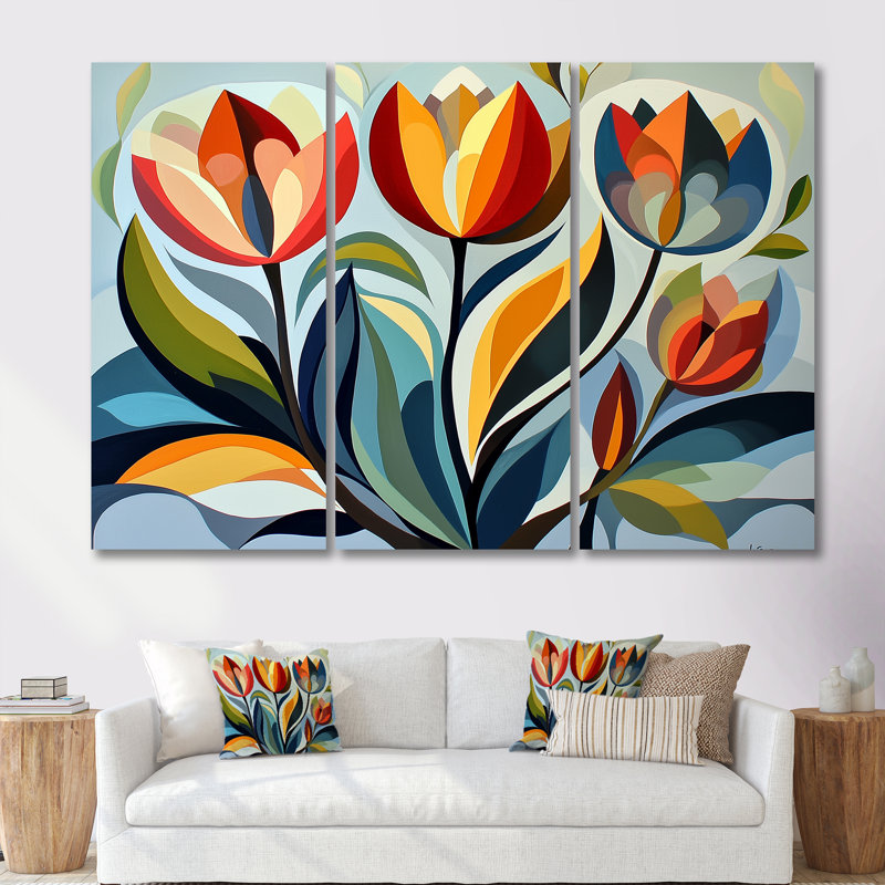 «Green Mid Century Mod Nature Tulip I», ensemble de décorations murales abstraites de style Mid-Century