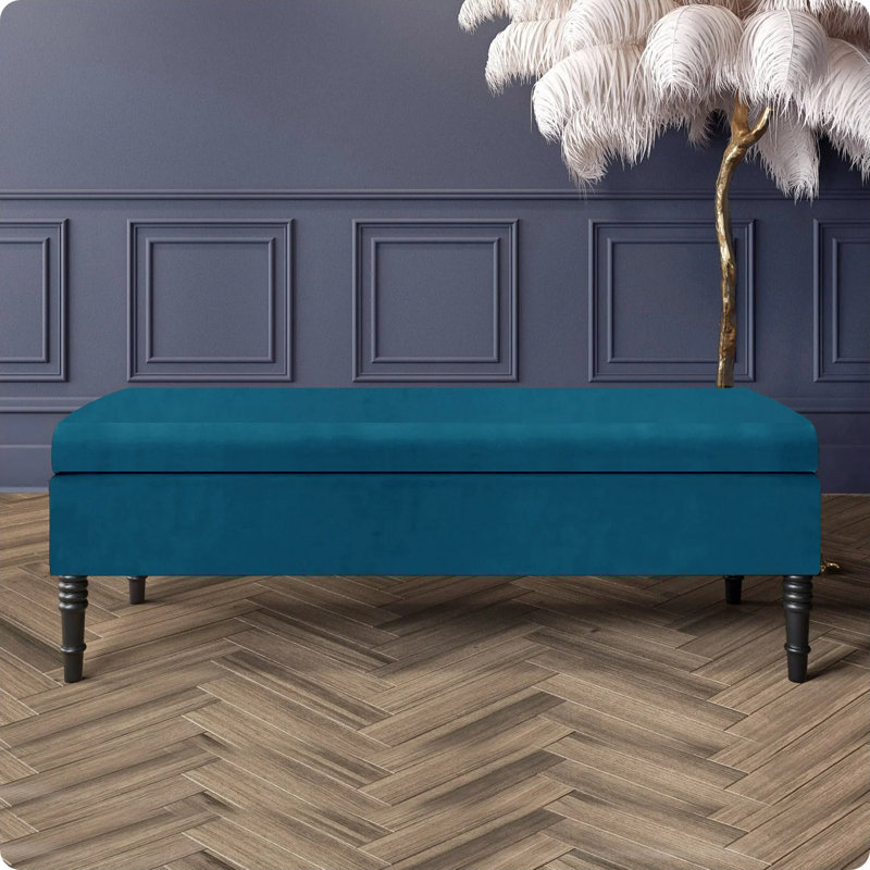 Safar Plain Upholstered Plush Velvet Ottoman Storage Bench with Black Turned Wooden Legs, Emerald Green