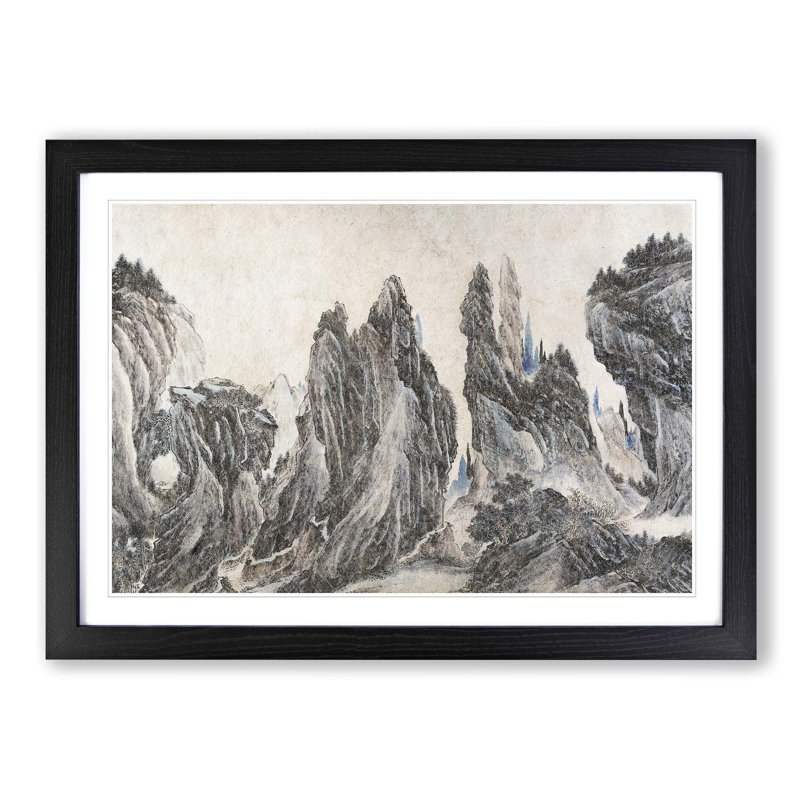 Mountain Landscape by Li Zai - Picture Frame Painting Print, Black Framed, 27cm H x 36cm W x 2cm D
