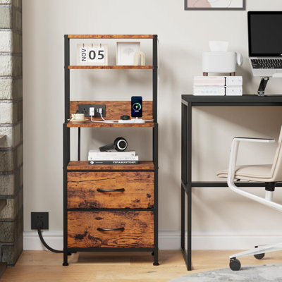 Tall Nightstand with 4-Tier Shelves, 2 Fabric Drawers and Light Tube