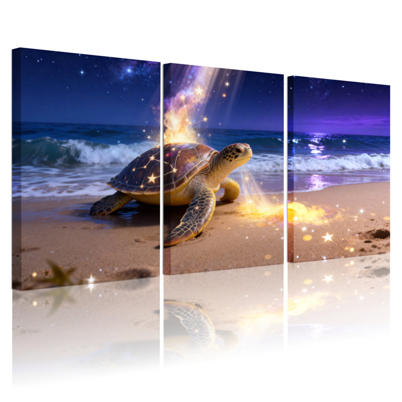 Ensemble de 3 tableaux sur toile représentant une tortue marine sous un ciel étoilé, H 30 po x l 60 po