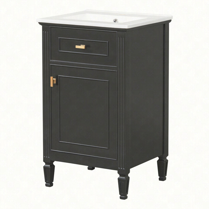 Meuble-lavabo vert de 20 po avec lavabo, pieds en bois massif, tablette réglable, tiroir inclinable, boutons en alliage de zinc, armoire autoportante moderne pour petite salle de bain