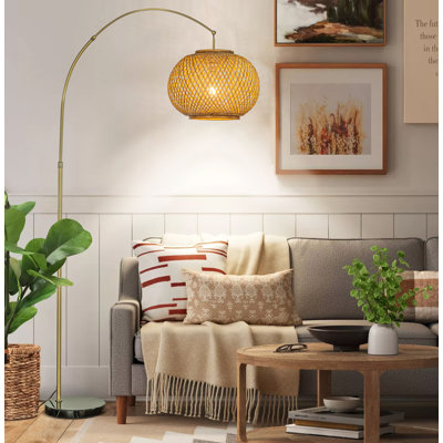 Arneshia 75" 1-Light Arc Floor Lamp with Hand-woven Bamboo Shade and Marble Base