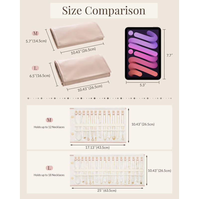 Organisateur de colliers de voyage, étui à bijoux pliable et enroulable en velours de polyuréthane, Large, 18 Slots, Pink