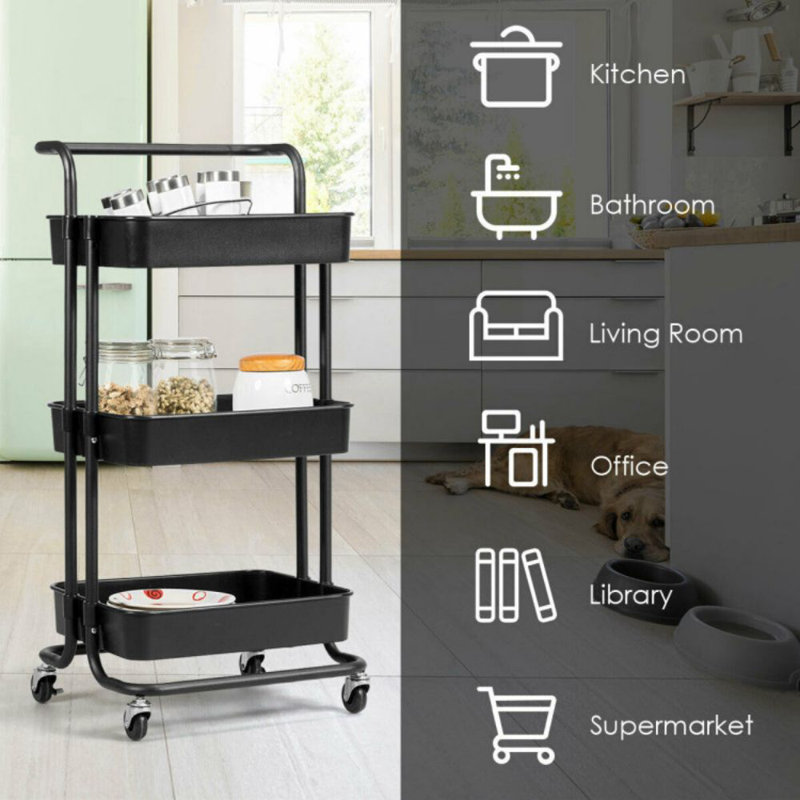 Black 3-Tier Metal Rolling Utility Cart with Casters