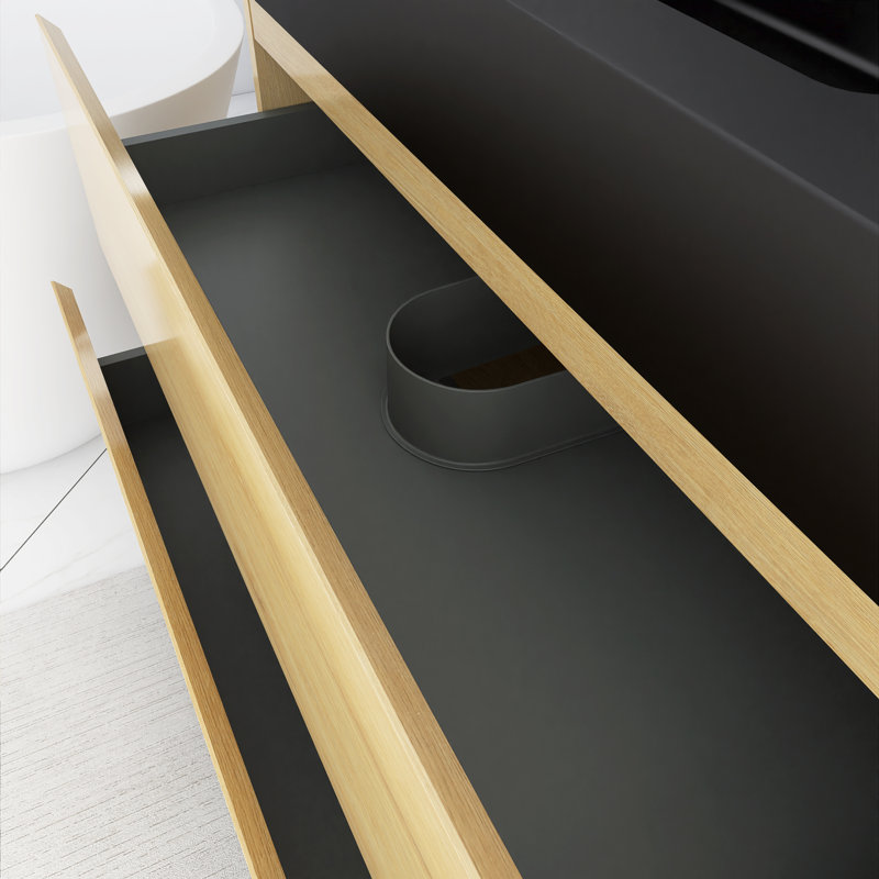 Meuble-lavabo mural simple 36 po avec lavabo en résine noire intégré, Naturel