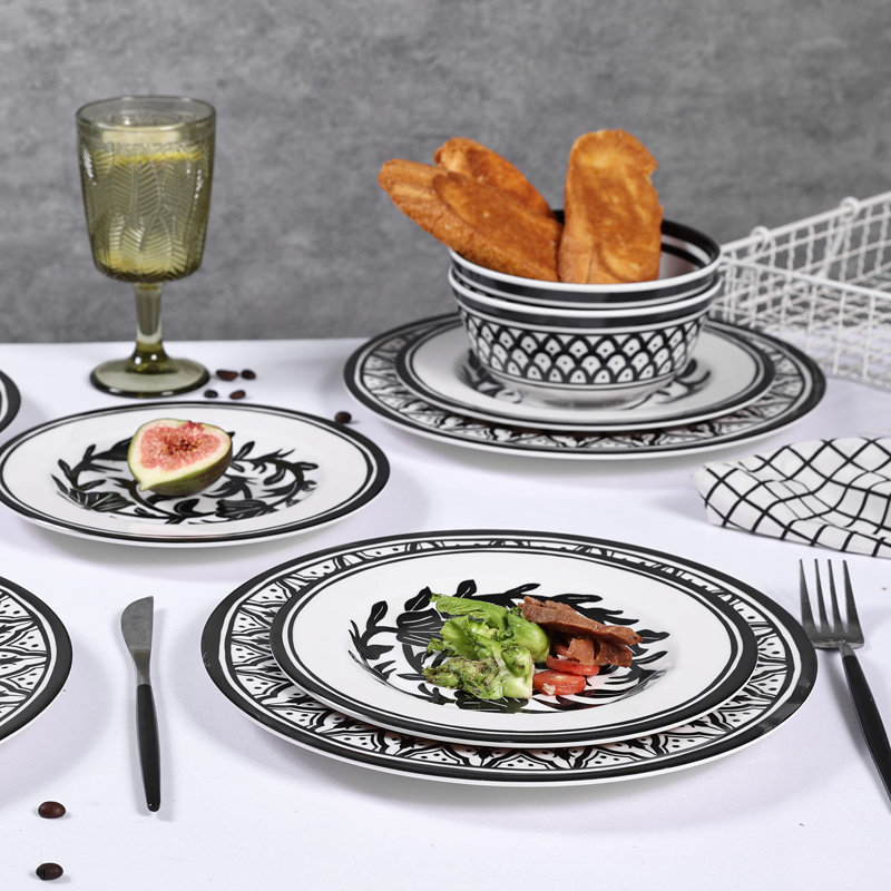 Black and White Melamine Dinnerware Set, Service for 4