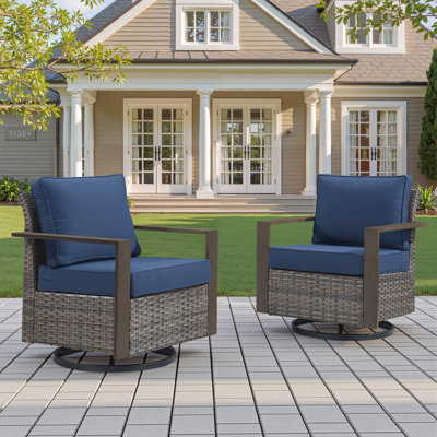 Ensemble de 2 chaises d'extérieur pivotantes à bascule en métal pour patio avec 2 coussins lavables et accoudoirs rectangulaires en acier et métal