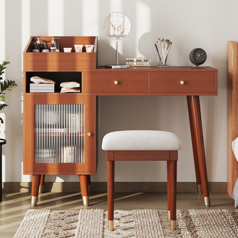 Meuble-lavabo moderne avec tiroirs, armoire et port de charge, ensemble de coiffeuse avec tabouret pour petits espaces, noyer