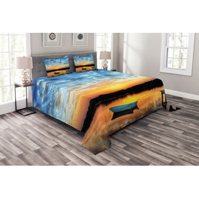 Little Fishing Boat on Pond Tranquil Sunrise Water Reflection Picture Bedspread Set