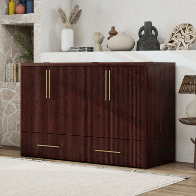 Solid Wood Queen Murphy Bed Cabinet, 1000lbs Capacity, Charging Station & Storage Drawers, Cherry Fluted Design for Small Spaces