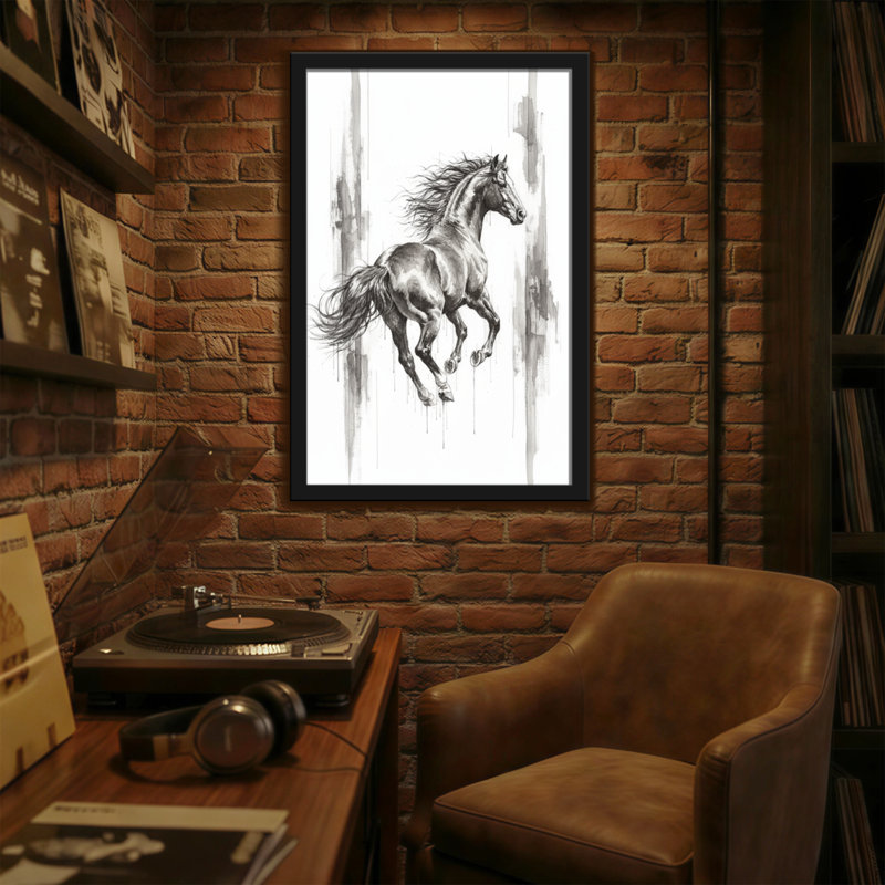 Animaux, cheval en mouvement avec fond abstrait, H 24 po x l 16 po