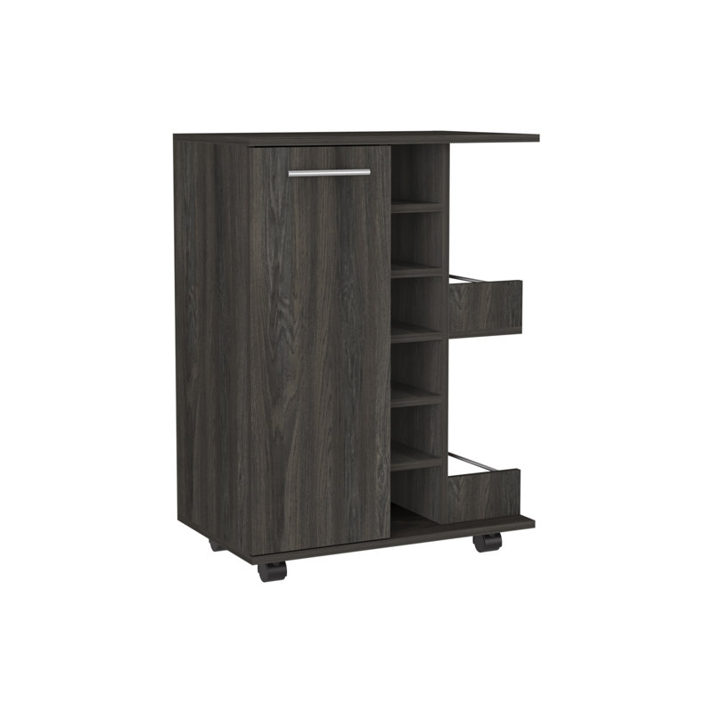 Chariot-bar Wells avec armoire fermée et tablettes ouvertes, finition espresso sur panneau de particules
