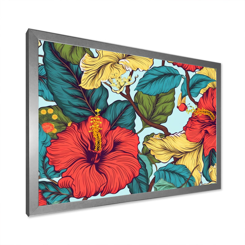 Corail sarcelle, hibiscus tropical harmonie II sur toile, Cadre simple argenté, H 12 po x l 20 po x P 1 po