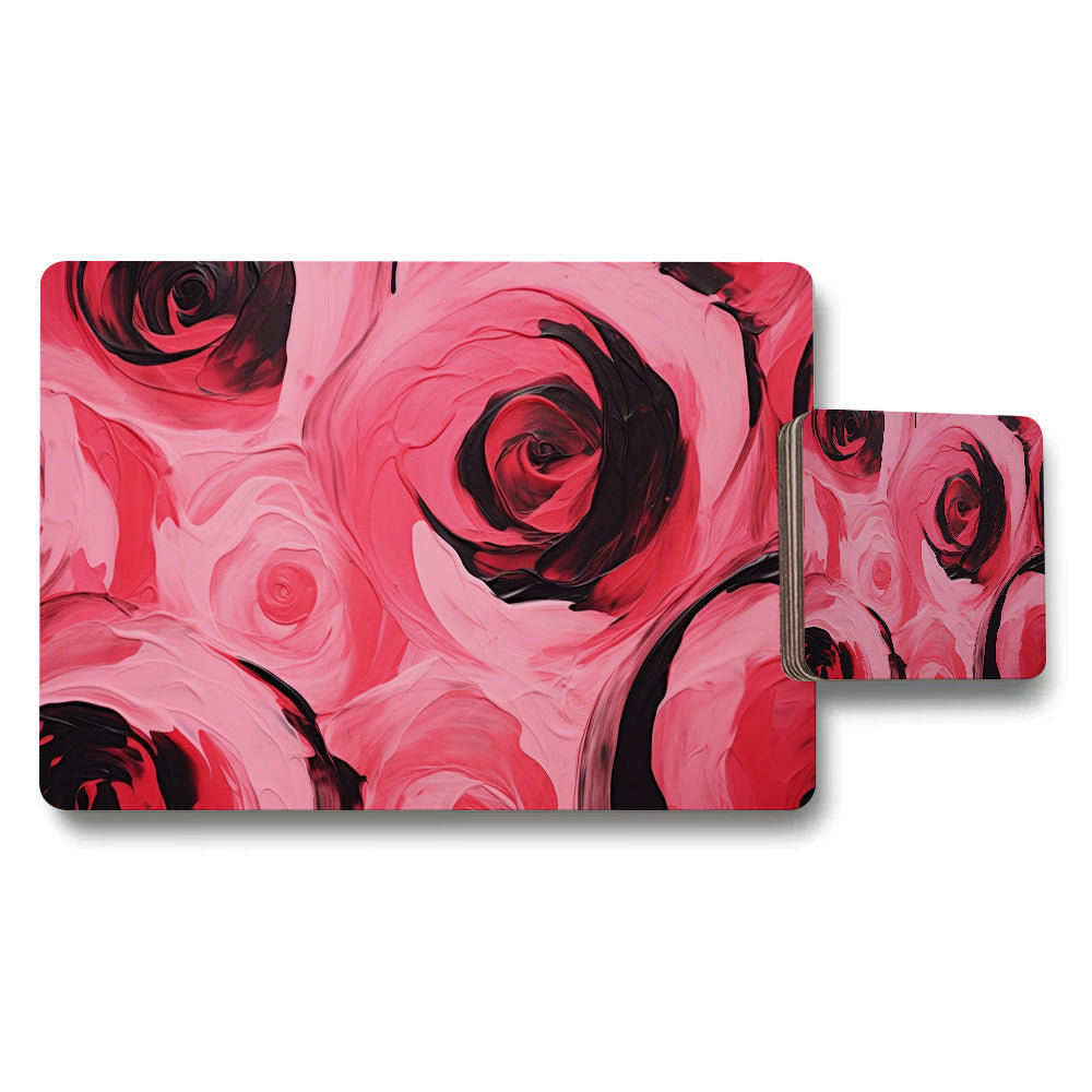 Pink Rose Placemats And Coaster Set With Abstract Floral Design