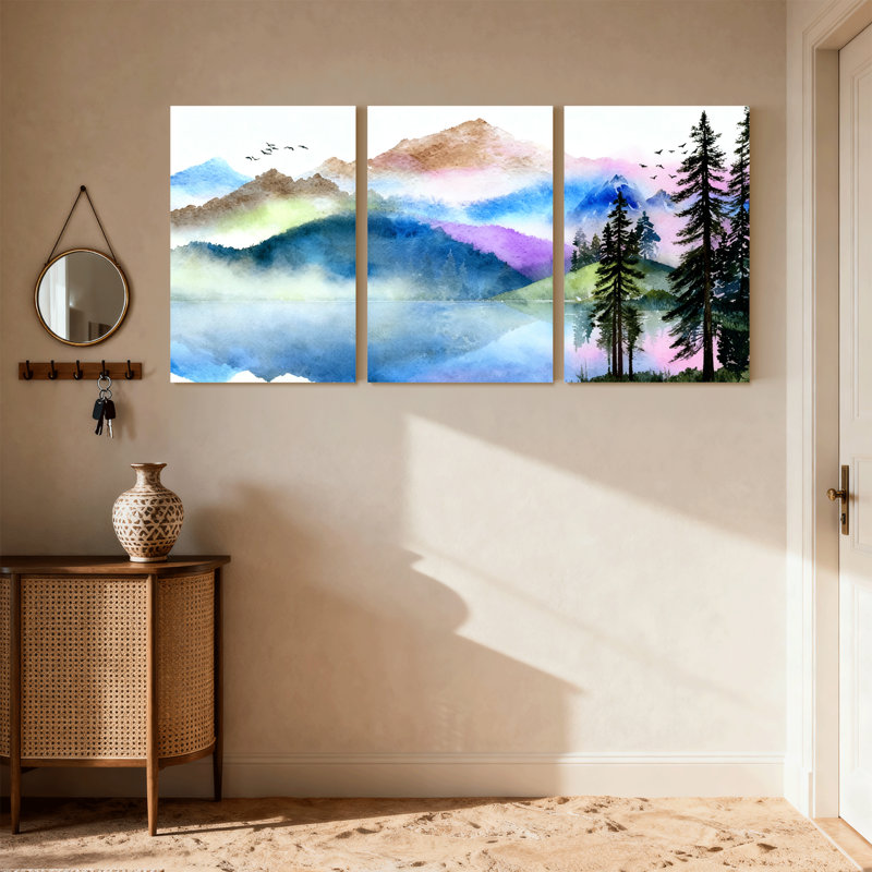 Paysage et nature, lac, forêt, ciel, oiseaux, arbres, eau, réflexion sur l'eau, ensemble de 3 impressions sur toile