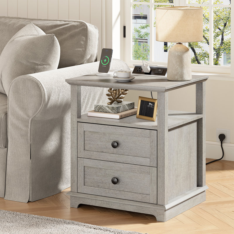 Tables de chevet 2 tiroirs avec rangement et station de charge intégrée Danforth, Gris, 1 Drawer