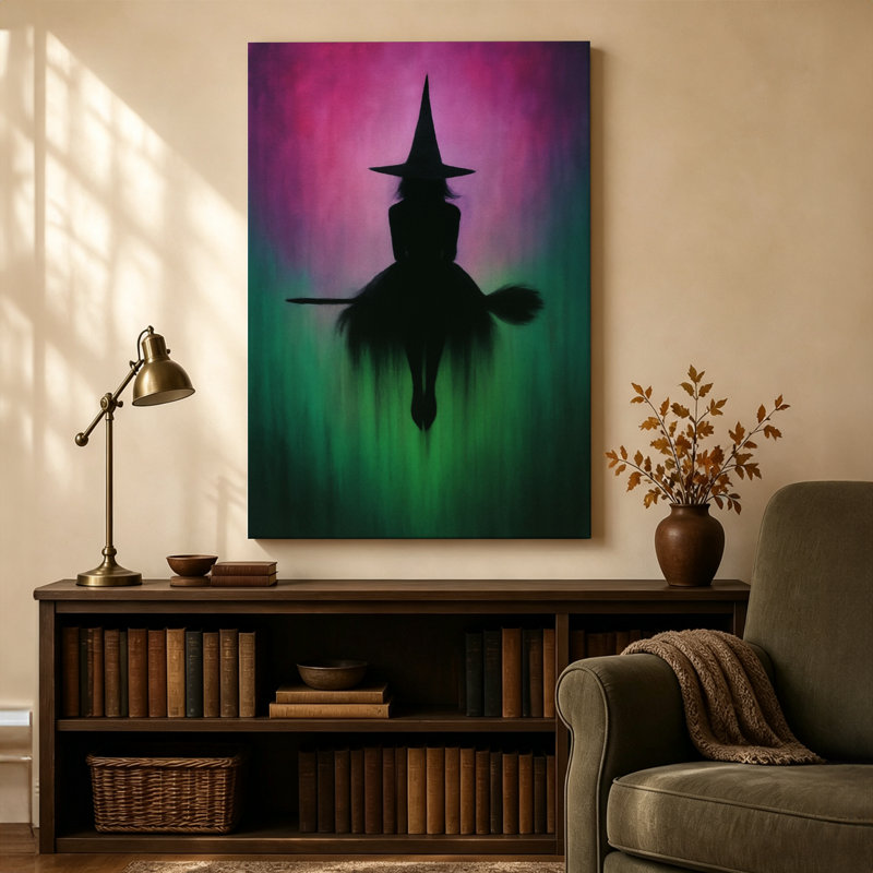 Silhouette de sorcière sur un balai, tableau abstrait numérique sur toile tendue sur châssis, 61 cm (H) x 91 cm (L), prêt à accrocher.