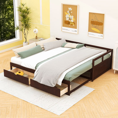 Twin Size 2 Drawers Wooden Daybed with Trundle, Extendable Bed