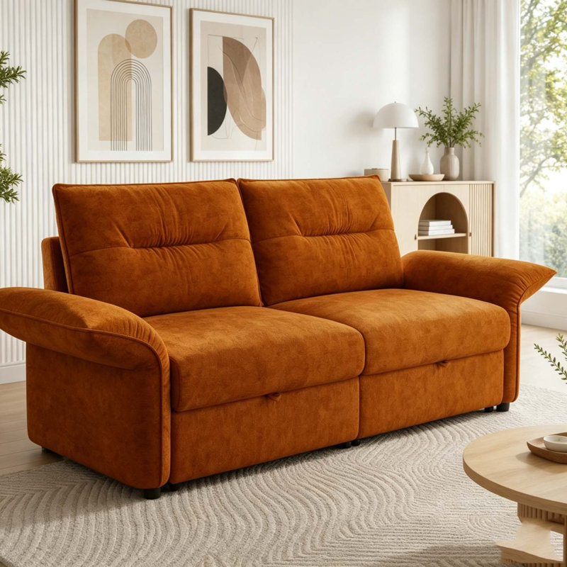 Canapé-lit convertible de 85 pouces avec tissu moelleux et structure en bois robuste, Tissu orange