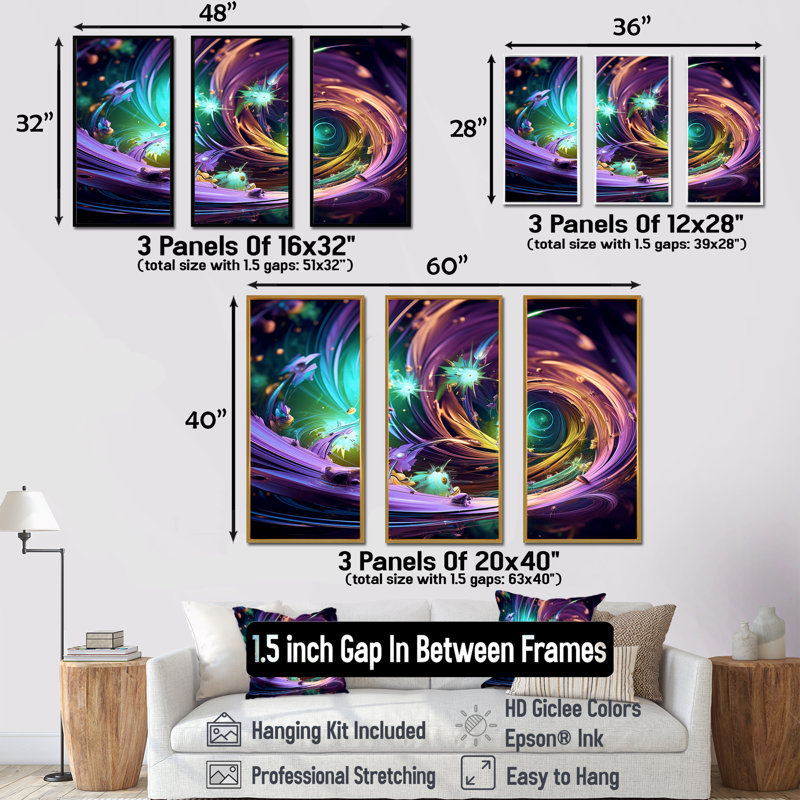 Mauve et vert fractal Fusion I - impression d'art mural fractal, Cadre flottant noir, H 32 po x l 48 po x P 1 po