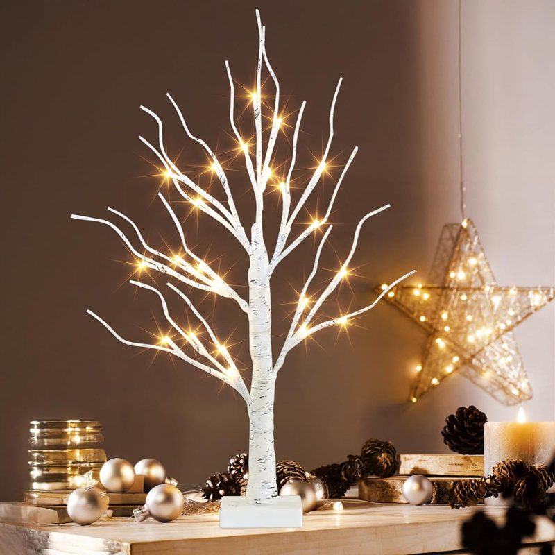 Bouleau de 2 pi à DEL avec lumières de fée blanc chaud, décoration de table à piles avec minuterie