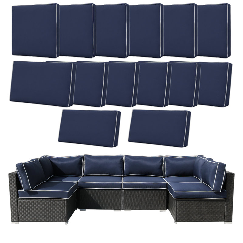14-Piece Outdoor Cushion Cover Set | Replacement for 6-Seater Patio Sofa | Zipper Closure and Machine Washable Fabric, BLUEJW
