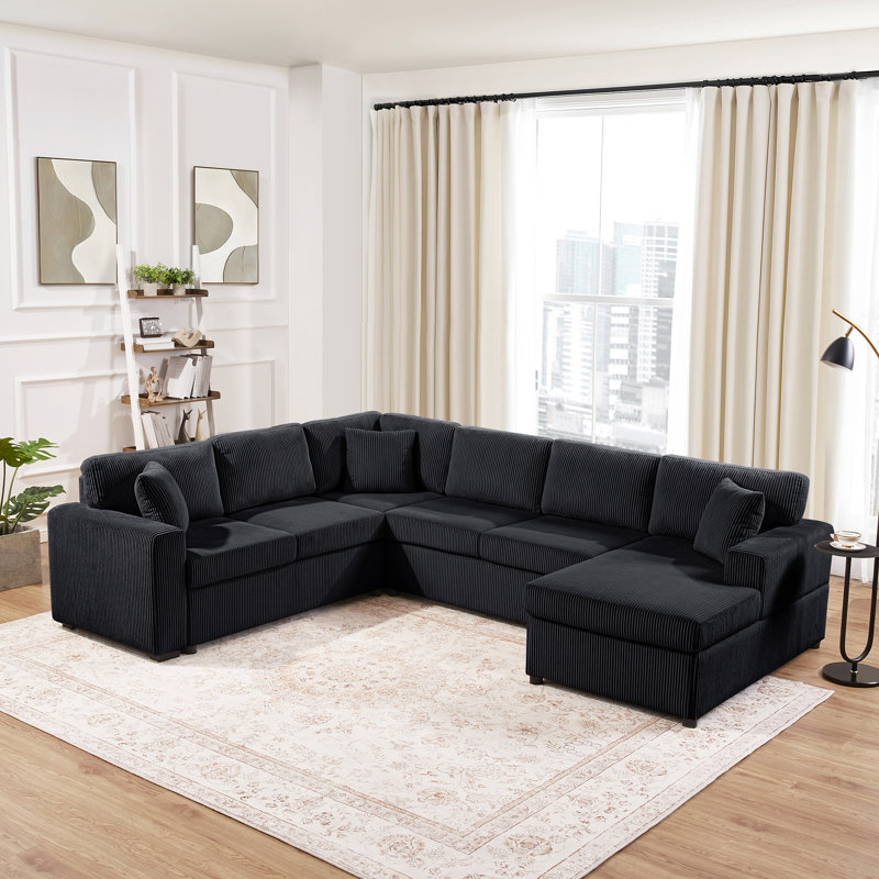 Canapé modulaire surdimensionné en U de 115,3 po avec méridienne et trois coussins décoratifs moelleux pour le salon, Noir