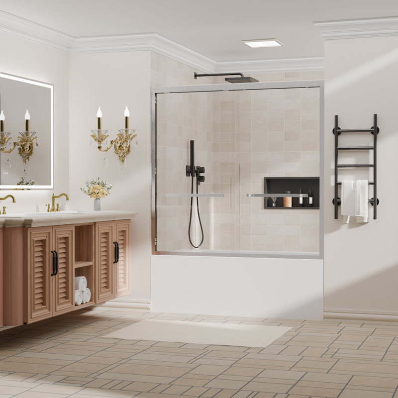 56-60 In. W X 58 In. H Sliding Framed Tub Door In Brushed Nickel With Tempered Clear Glass, Brushed Nickel