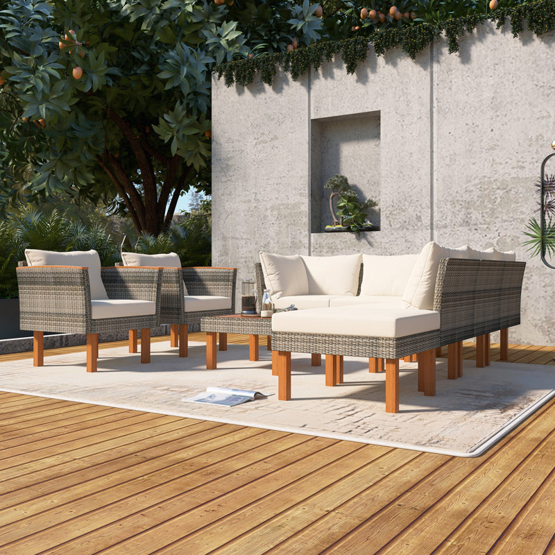 9-Piece Rattan Patio Conversation Set With Cushions, Beige
