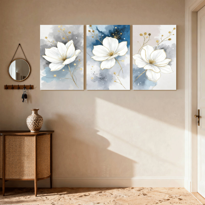 Plantes et fleurs, fleurs blanches avec accents dorés sur fond abstrait, ensemble de 3 impressions d'art sur toile