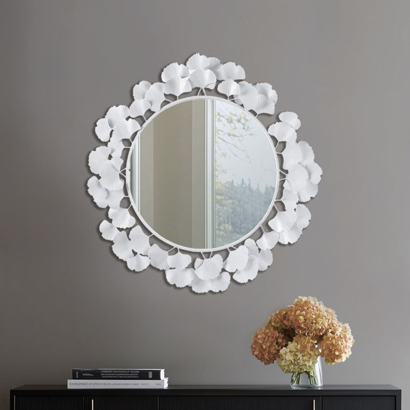 Miroir d'appoint moderne 30,5 po avec cadre sculptural en métal, motif feuille de gingko blanc