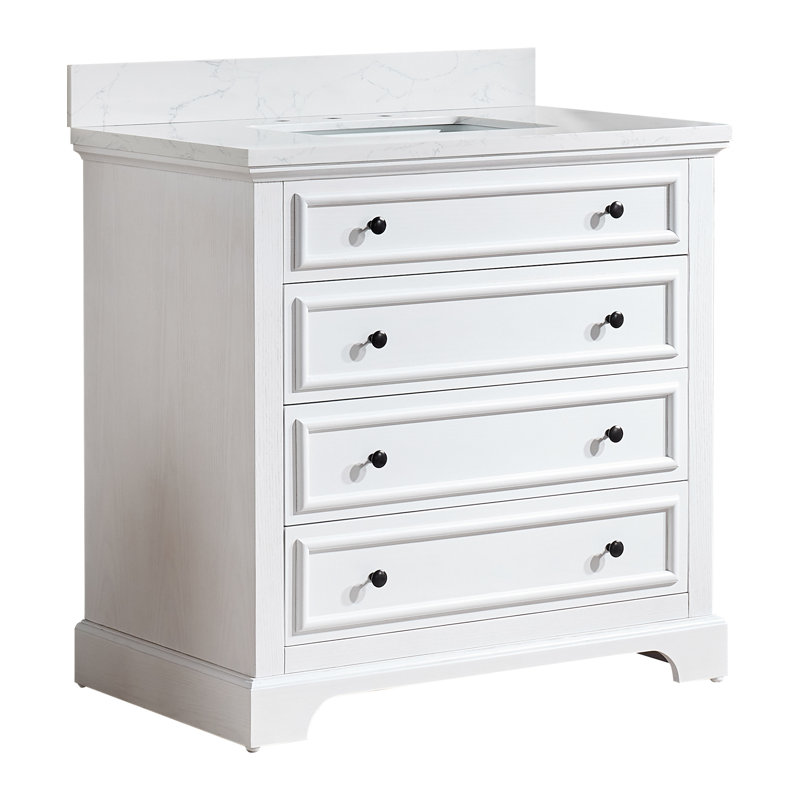Meuble-lavabo simple 36 po avec plateau en marbre d'ingénierie, cadre en bois massif, entièrement assemblé, blanc