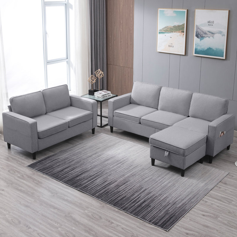 3 - Piece Living Room Set, Light Gray Cotton Blend