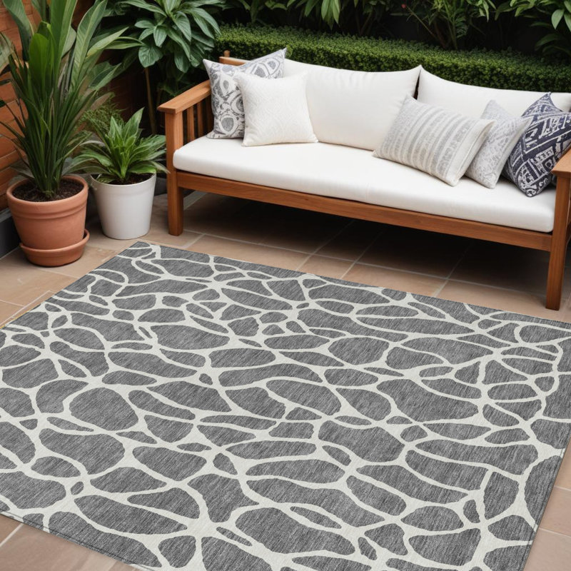 Tapis intérieur lavable à motif géométrique gris et ivoire 9 pi x 12 pi