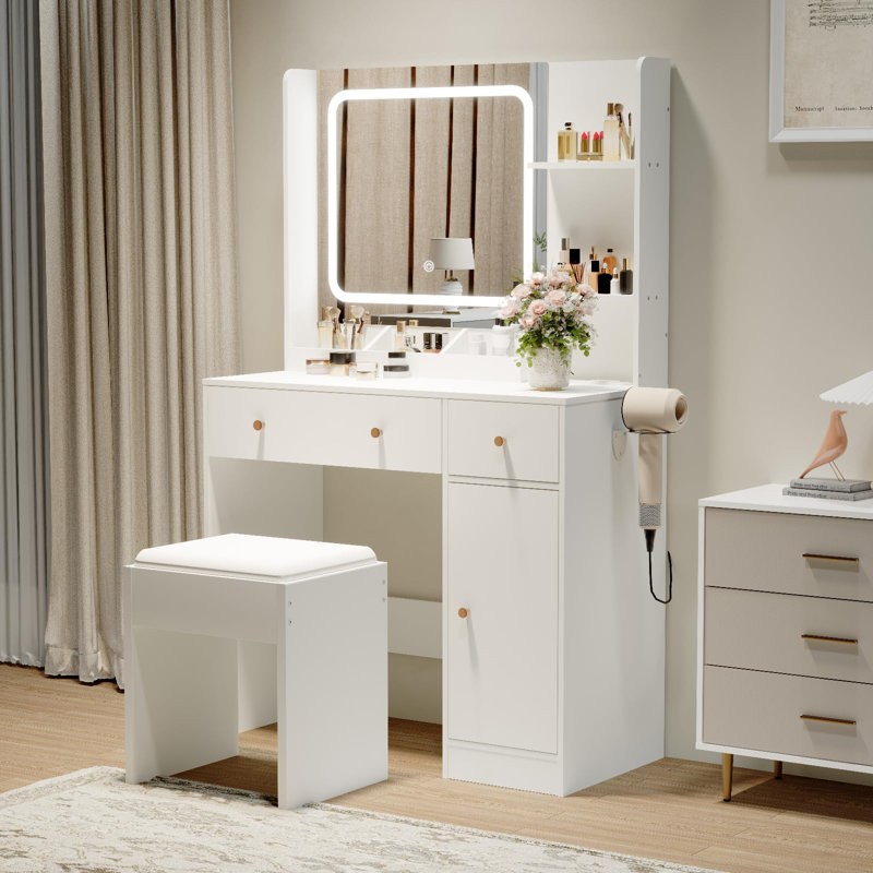 Vanity Table with Lights and Mirror, Makeup Vanity with Power Strip, USB Charging, Hair Dryer Holder Storage Drawers, Shelves and Stool for Bedroom