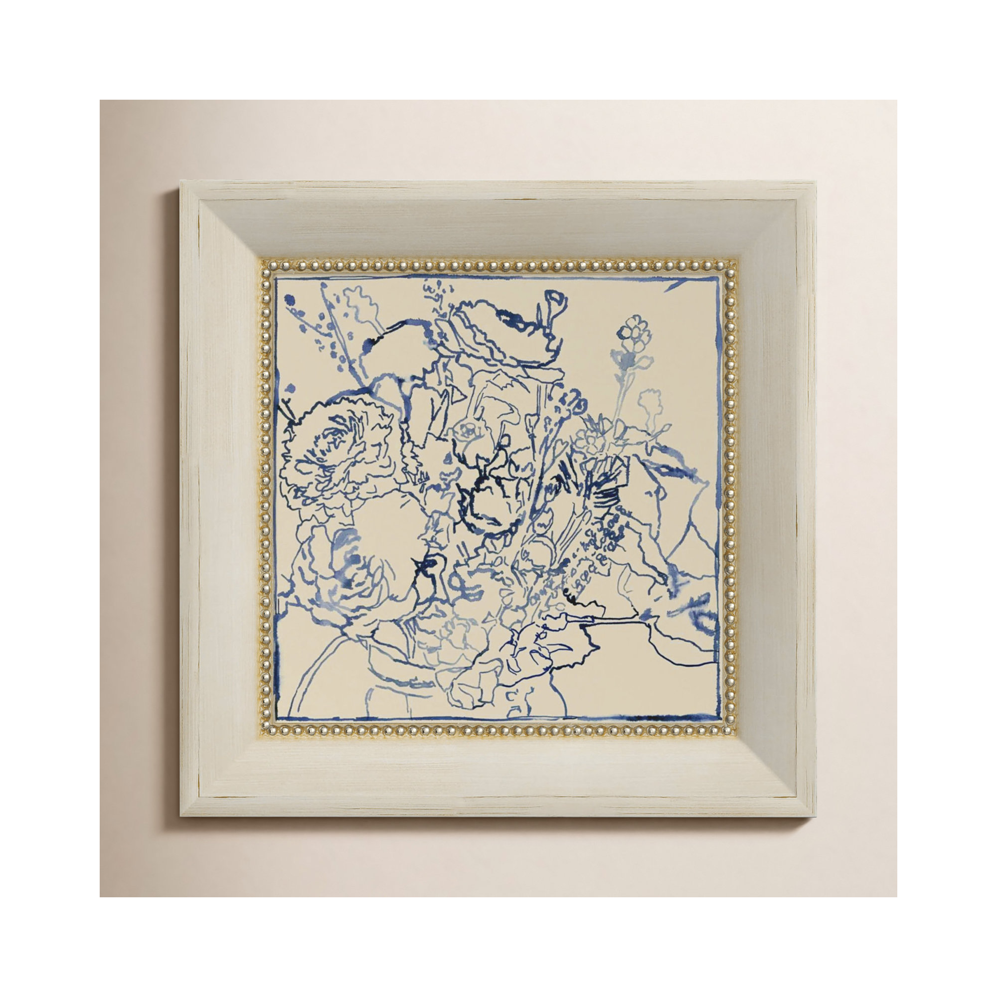 Indigo Floral Sketch by Megan Meagher, Cream, 16" W x 16" H