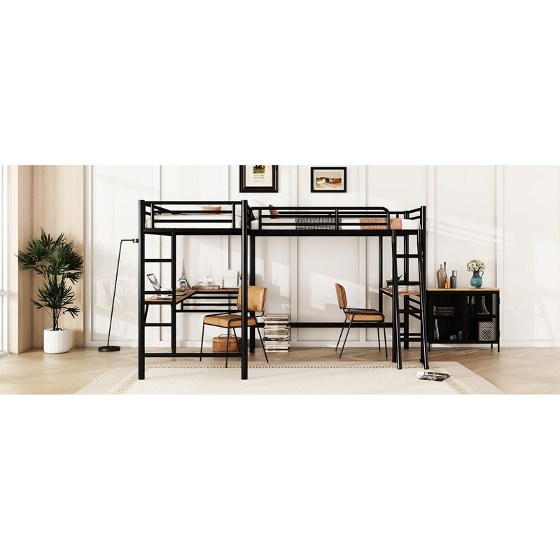 Lit mezzanine simple en métal avec deux bureaux de production de musique intégrés, noir - Taille de création sonore - Fabrication de motifs artisanaux