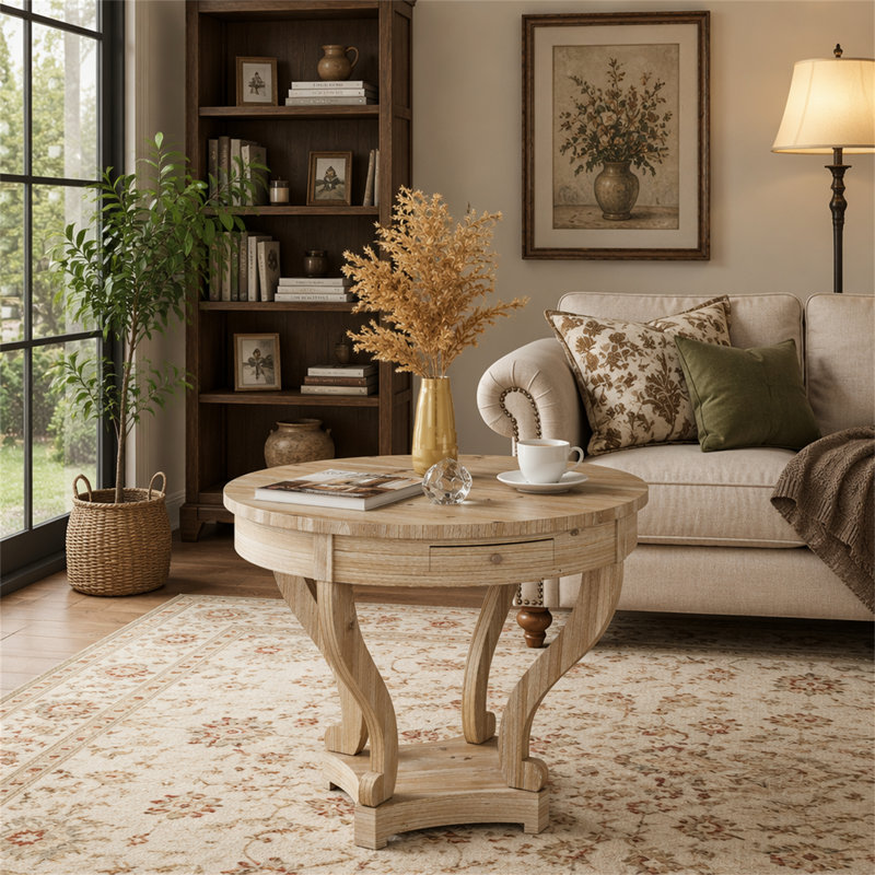Table basse à pieds courbés de style campagnard, 27.16" H x 31.5" W x 31.5" D