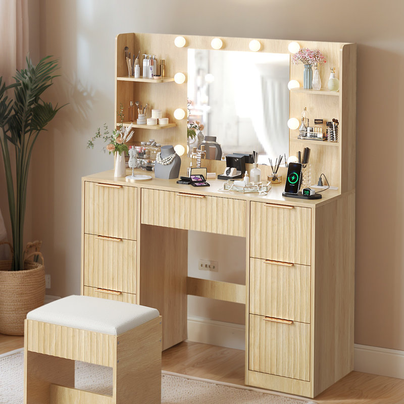 Lighted Vanity Set - 10pcs 3-Color Dimmable Bulbs, 7 Drawers, Beige
