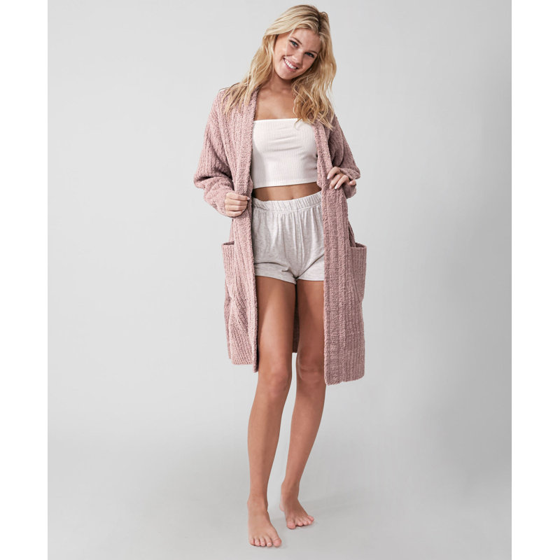 Snug Polyester Blend Fleece Girl / Woman+ Above Knee Bathrobe with Pockets, Rose, XL