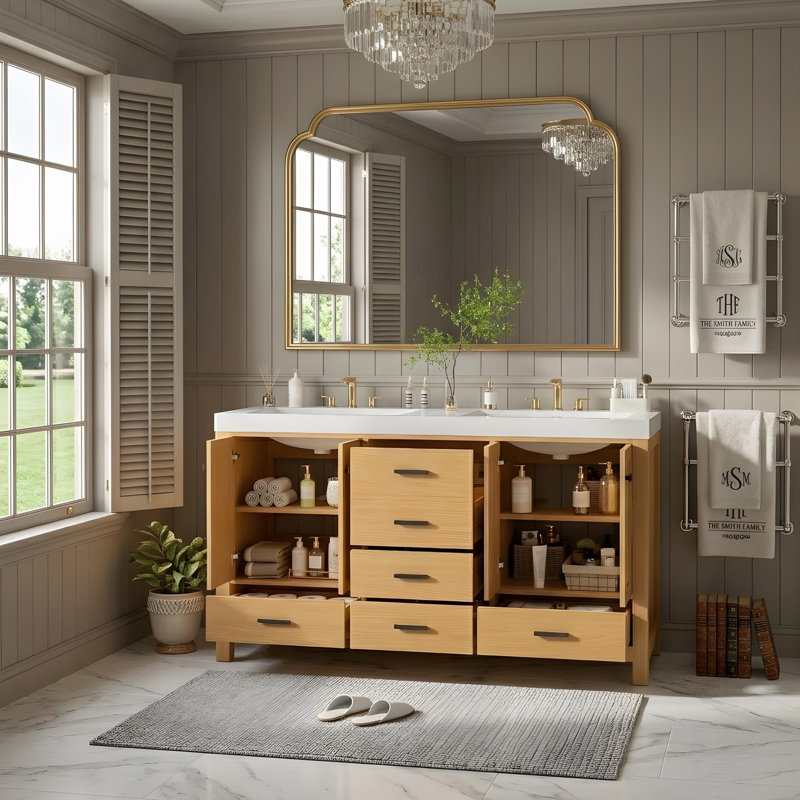Meuble-lavabo 59,3 po avec deux lavabos en résine SMC, 4 portes, 5 tiroirs et tablettes réglables
