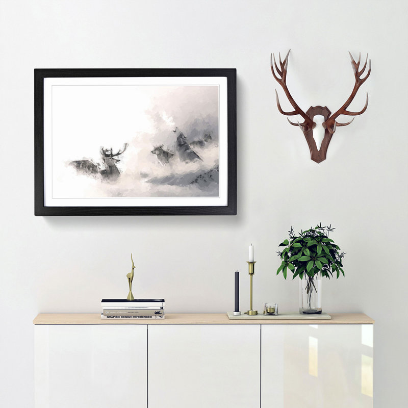 Stag and Wolf with at Winter in Abstract - Picture Frame Painting Print, Black Framed, 27cm H x 36cm W x 2cm D